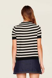 Women Poor Boy Striped Short Sleeve Sweater Black/white back worn view