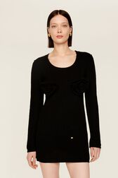Women Flowers Ribbed Short Dress Black front worn view