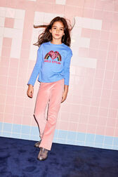 Long-Sleeved Oversized Printed Girl T-shirt Blue front worn view
