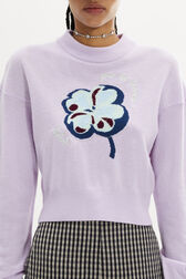 Intarsia Clover Print Cashmere Knit Crew-Neck Sweater Lilac details view 2