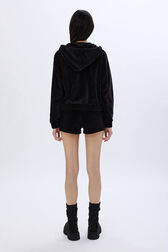 Long-sleeved velvet hoodie Black back worn view