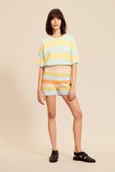 Women Pastel Multicolor Striped Wool Shorts Multico front worn view