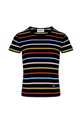 Women Picot Multicolor Striped T-Shirt Multico black striped front view