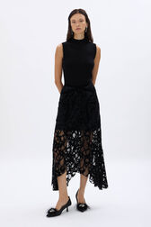 Asymmetrical skirt in velvet lace Black front worn view