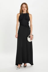 Long satin skirt Black front worn view