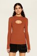 Women Plain Front Keyhole Top Camel front worn view