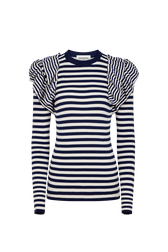 Pull manches longues rayé à volants Raye blanc / bleu vue de face