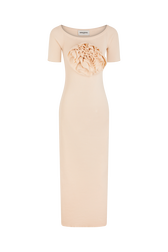 Long boat neck dress with flower detail Vanilla front view