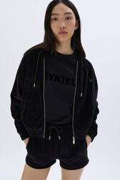 Long-sleeved velvet hoodie Black details view 1