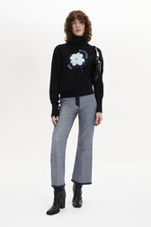 Intarsia Clover Print Cashmere Knit Turtleneck Sweater Black front worn view