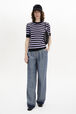 Striped Short-Sleeved Crew Neck Sweater Striped black/lilac front worn view