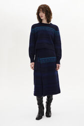 Fair Isle Print Wool Knit Midi Wrap Skirt Blue front worn view