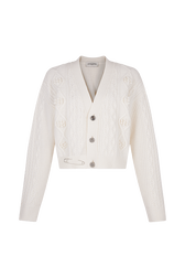 Cable-knit woolen cardigan Ecru front view