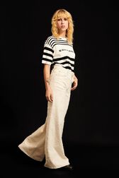 Women Striped Short Sleeve Sweater Black/white front worn view