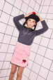 Lip Print Fleece Girl Short Skirt Pink front worn view