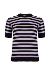Pull rayé col rond à manches courtes Raye noir/lilas vue de face