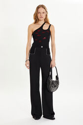 Piaf trousers in satin-backed crepe with rhinestone detailing Black front worn view
