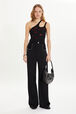 Piaf trousers in satin-backed crepe with rhinestone detailing Black front worn view