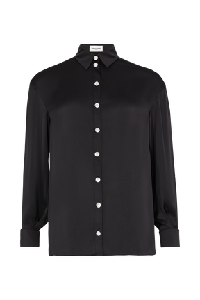 Satin Shirt with Rhinestone Buttons Black front view