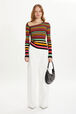 Striped long-sleeved sweater with asymmetric collar Multico striped front worn view