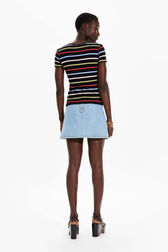 Women Picot Multicolor Striped T-Shirt Multico black striped back worn view