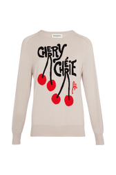 Women Cherry Print Sweater Beige front view