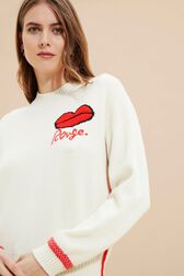Pull à broderie motif bouche femme Ecru vue de détail 2