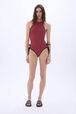 One-piece swimsuit Striped black/coral front worn view