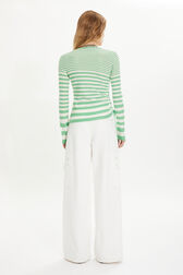 Striped long-sleeved sweater with asymmetric collar Striped anise/white back worn view