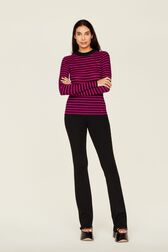 Women Multicoloured Striped Rib Sock Knit Sweater Black/fuchsia front worn view
