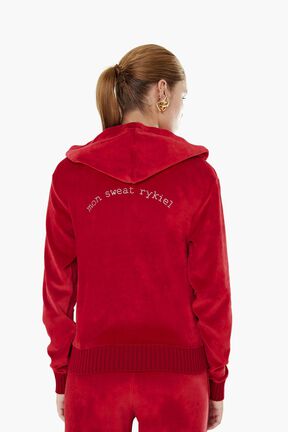 Pull à capuche velours femme Rouge vue portée de dos