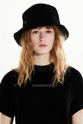 Women Velvet Bucket Hat Black front worn view