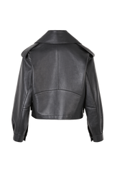 Women Short Leather Black Jacket Black back view