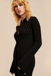 Women Ribbed Knit Cardigan Black front worn view
