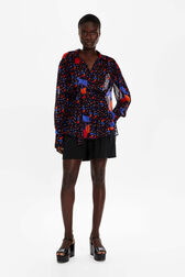 Women Cherry Print Viscose Shirt Black front worn view