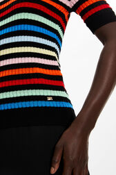 Women Multicolor Striped Ribbed Short Sleeve Top Multico striped details view 2