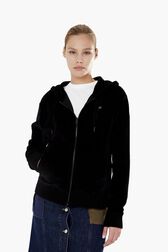 Women Velvet Hoodie Black front worn view