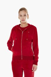 Pull à capuche velours femme Rouge vue portée de face