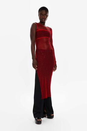 Women Asymmetric Slit Long Dress Red details view 1
