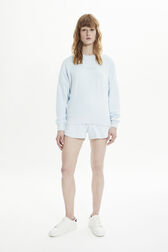 Women Velvet Sweatshirt Baby blue front worn view