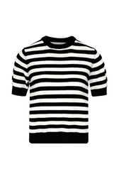 Women Poor Boy Striped Short Sleeve Sweater Black/white front view
