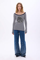 Pull rayé à fleur Raye blanc / bleu vue portée de face