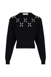 Women Openwork Floral Sweater Black front view