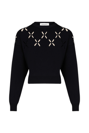 Women Openwork Floral Sweater Black front view