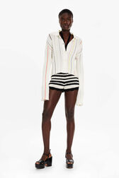 Women Multicolor Striped Pleated Shirt Ecru front worn view