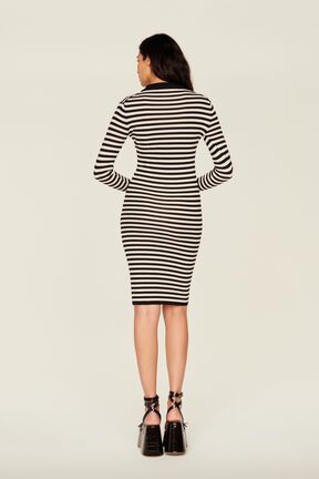 Women Rib Sock Knit Striped Maxi Dress Black/white back worn view