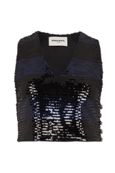 Top court sans manches en sequins rayés Silver/navy vue de face
