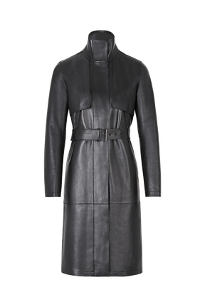Manteau long col montant en cuir noir Noir vue de face
