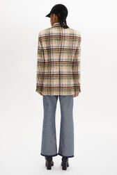 Veste masculine motif tartan en laine brossé Carreaux écru/lilas vue portée de dos
