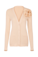 Round neck cardigan with flower detail Vanilla front view